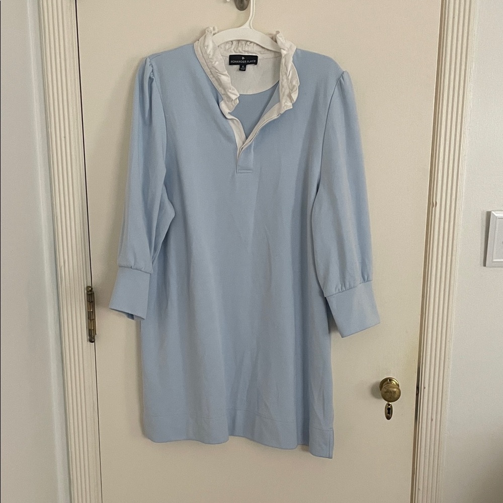 Pomander Place Light Blue Long Sleeve Dress with White Trim